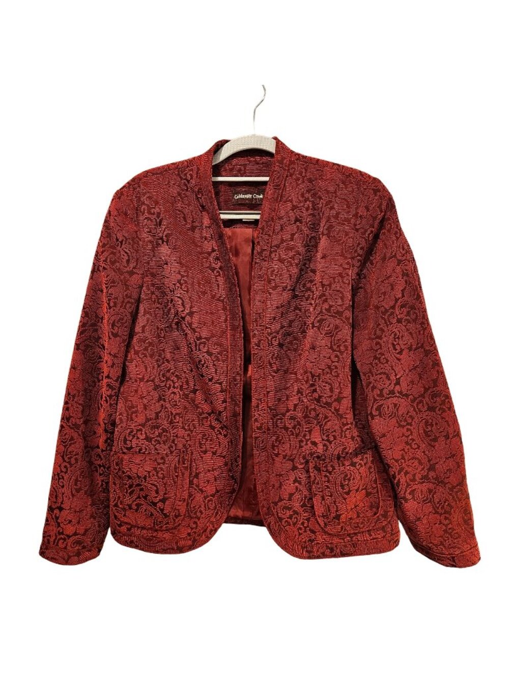 Coldwater Creek Blazer Womens M Red Tapestry Open collarless Career Party bold